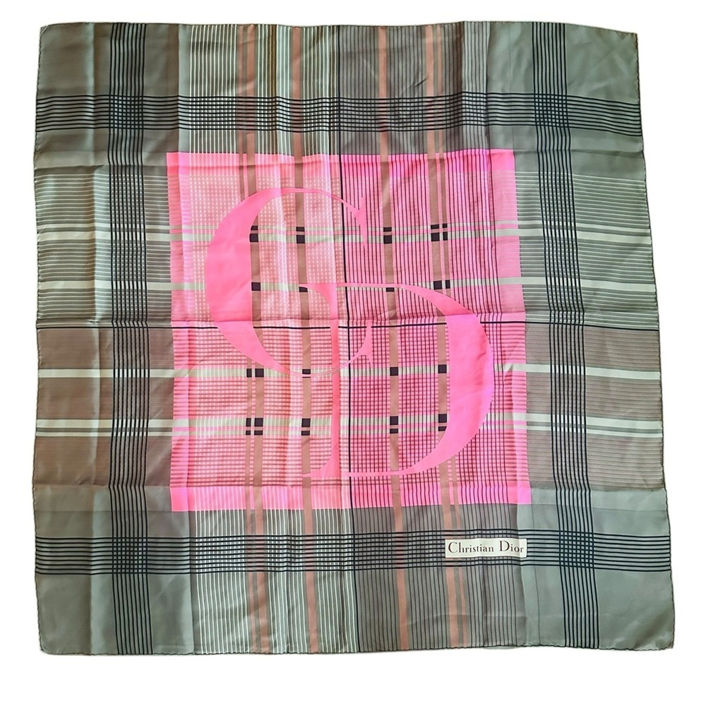 Christian Dior Classic Pink Gray CD Logo Plaid Vintage 30” Silk Square Scarf - Picture 3 of 10